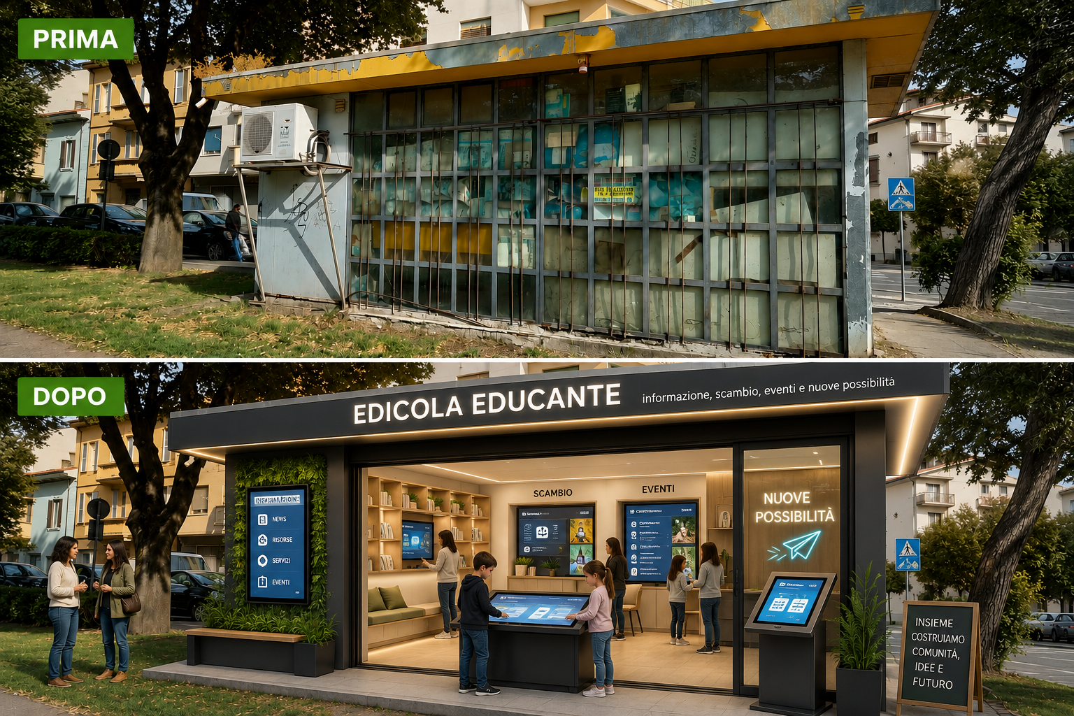 Edicola Educante: trasformazione prima e dopo di una edicola dismessa in portale educante hi-tech